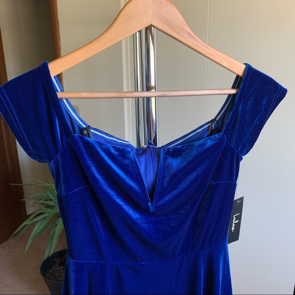 Lulu’s Lani Royal Blue Velvet Off Shoulder Skater Dress NWT - Picture 3 of 8